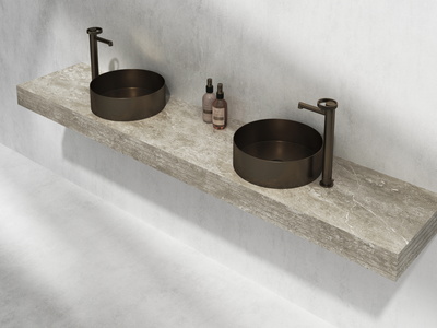 Wall-mounted vanity top for vessel basin