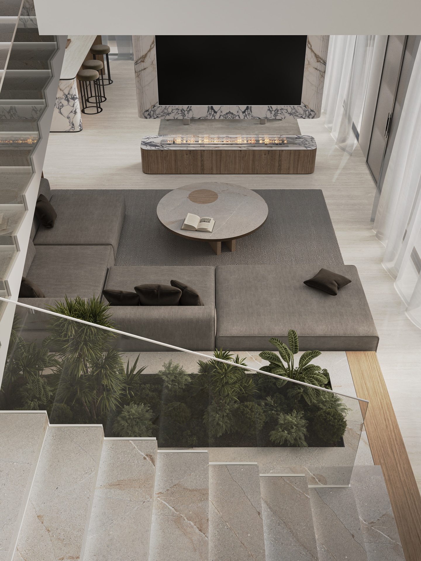 Paonazzo (fireplace) & Granite Stone (stairs) Bookmatched