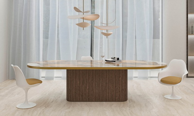 Wooden Pedestal Base | Metal Edge Veneer | Golden Ambra 