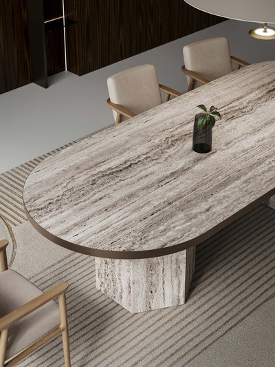 Twin Hexagon Base | Metal Edge Veneer | Travertine Silver