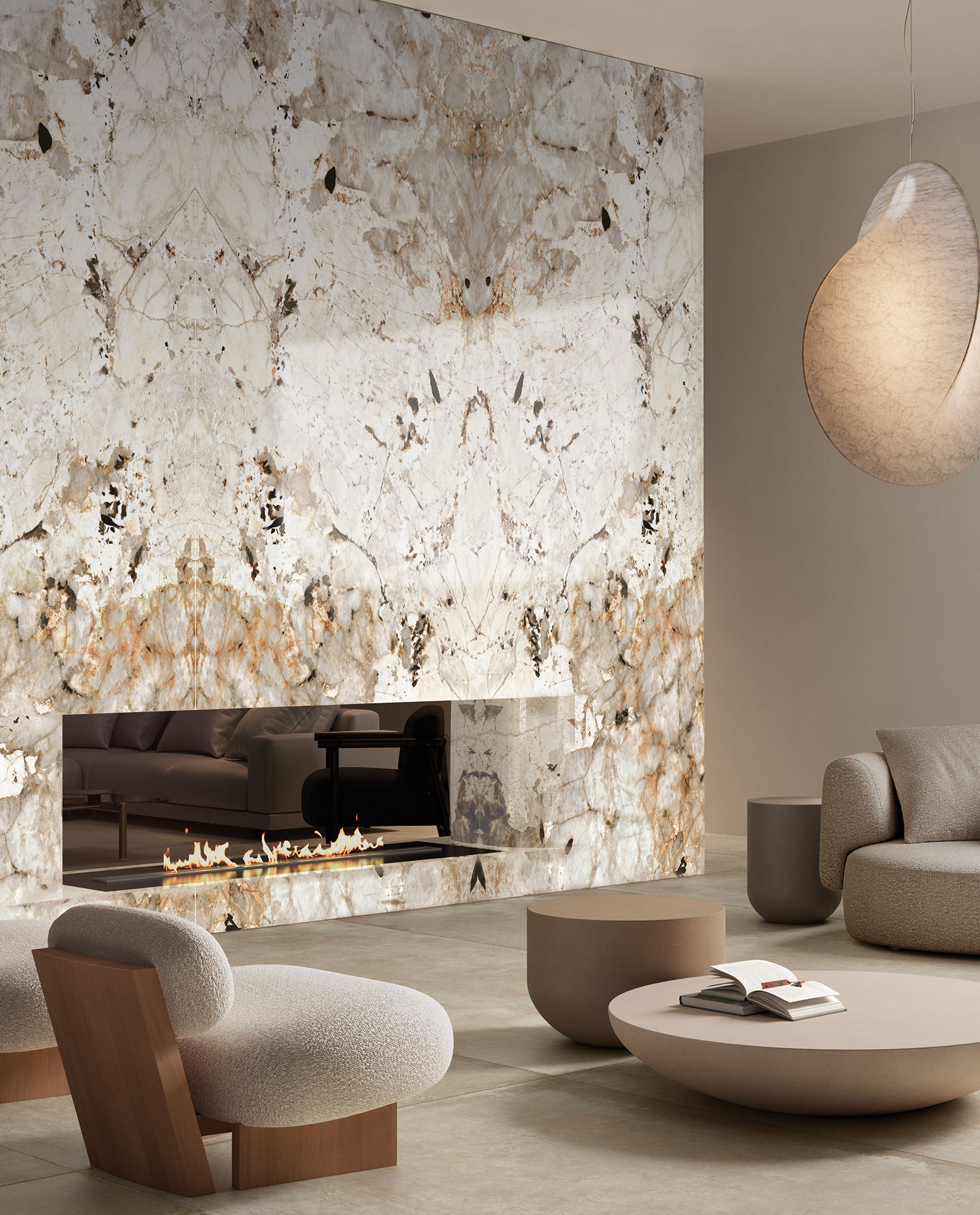 Elevate your space with the powerful impact of porcelain bookmatched