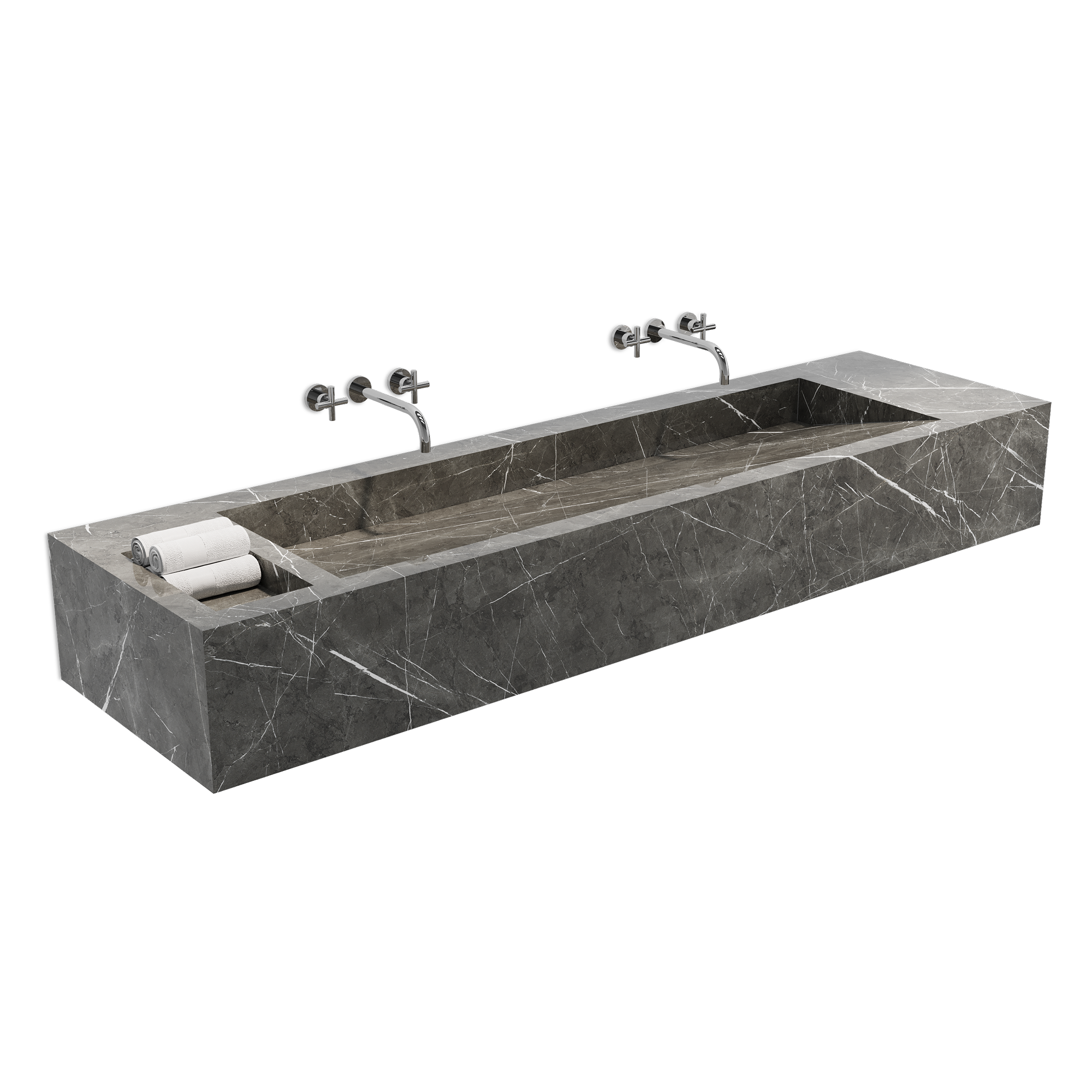 Scorpio double trough wall-mounted washbasin in porcelain stoneware ...